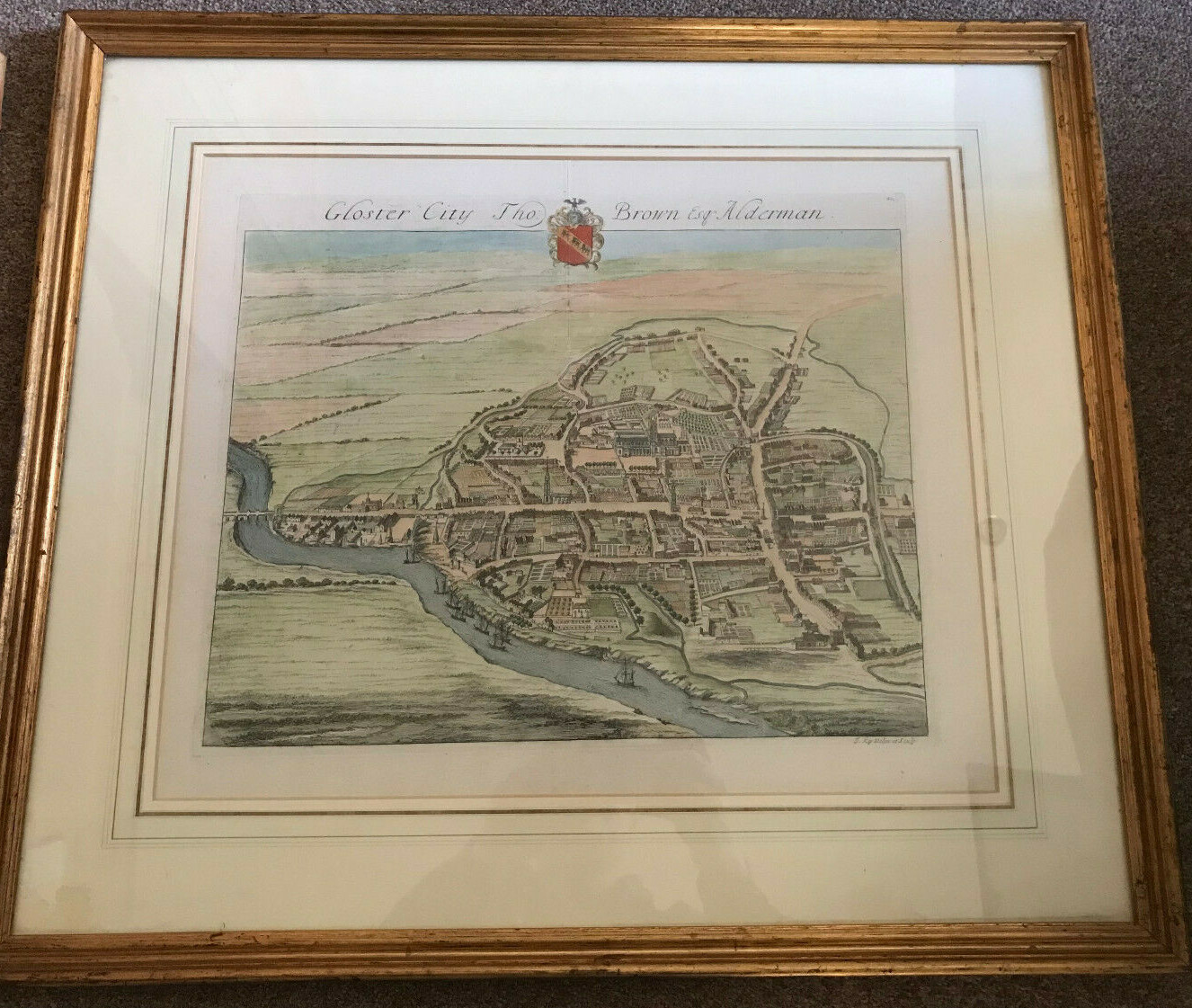 Original Antique 1712 Johannes Kip Gloster Engraving Etching Gloucester Plan Map