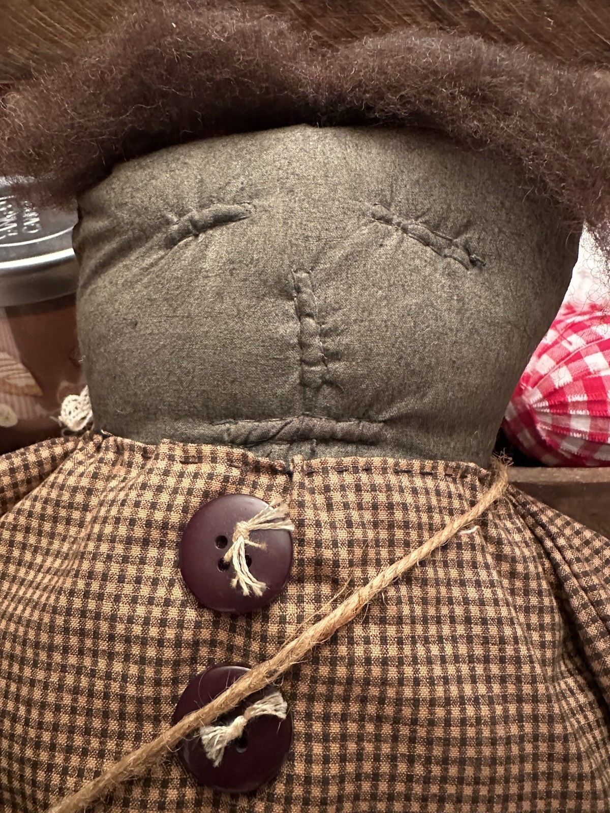 Primitive Folk Art Doll Handmade Mary 14” Farmhouse Checked Dress