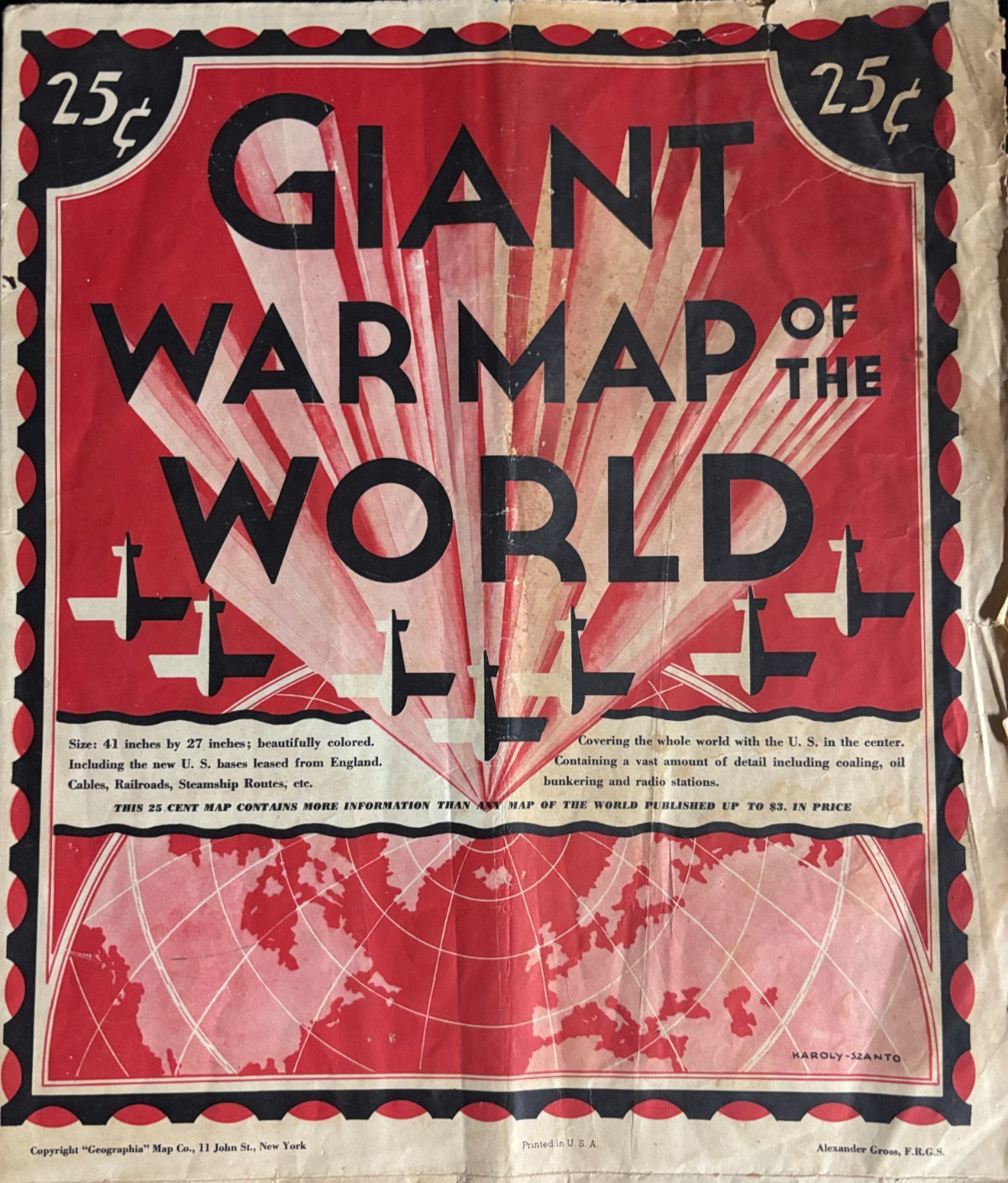 GIANT WAR MAP of the WORLD / 12″x10″ Folded 27″x41″ Open