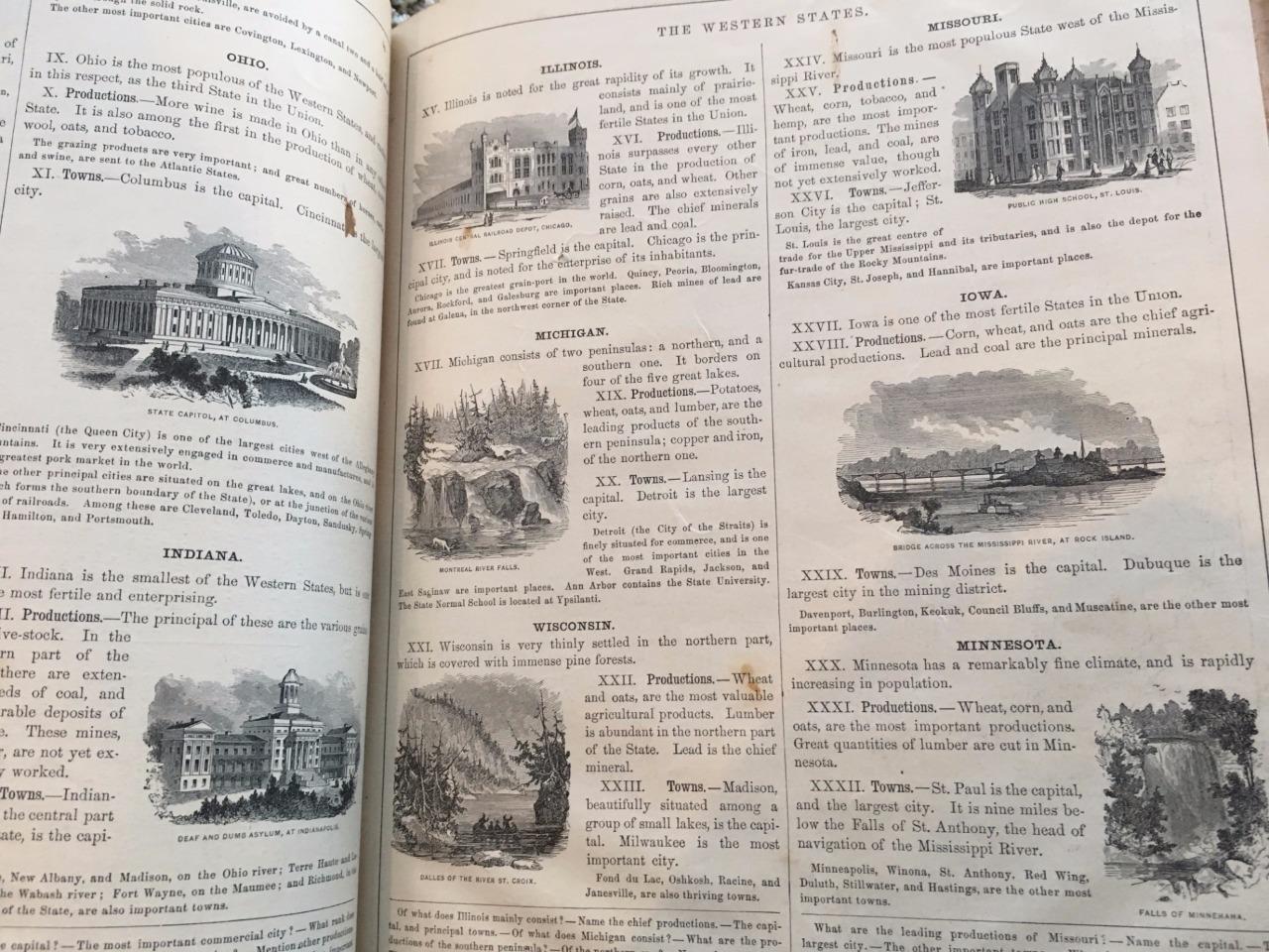 1872 GEOGRAPHY ATLAS,D.M.WARREN SCHOOL,33 COLOR MAPS,65 ILLUSTRATIONS