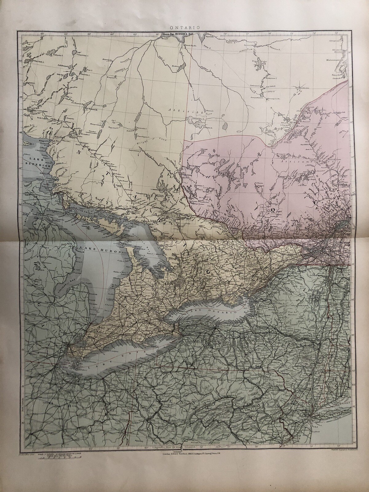 1894 Large Map of Ontario Canada by Edward Stanford 75 cm x 56 cm