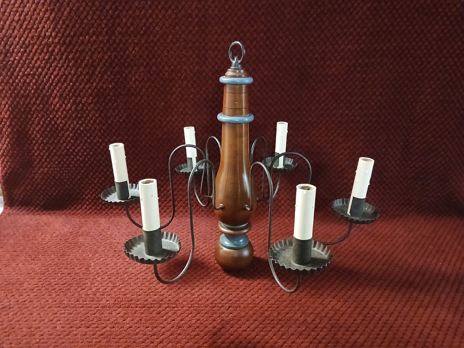 Wooden Colonial Reproduction Chandelier , 6 arm, Candle-Style 1970s