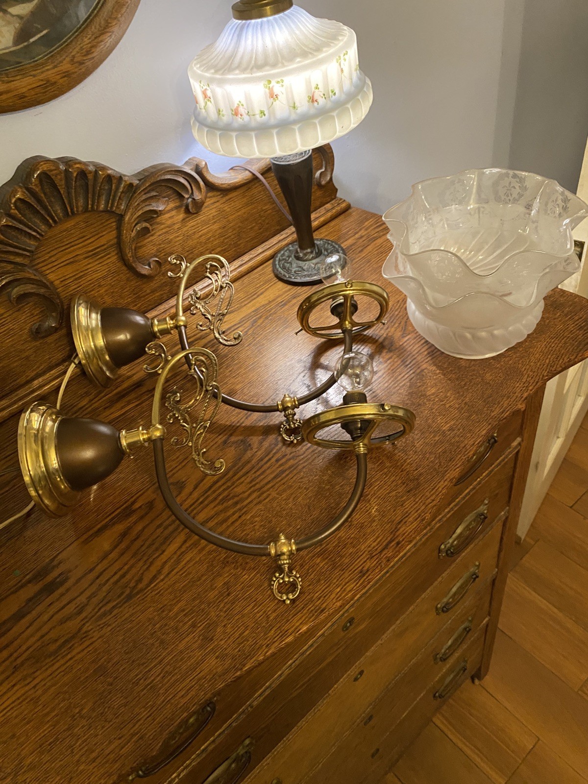 ANTIQUE 1890’s Pair of Gas Sconces – Restored – Acid Etched Shades