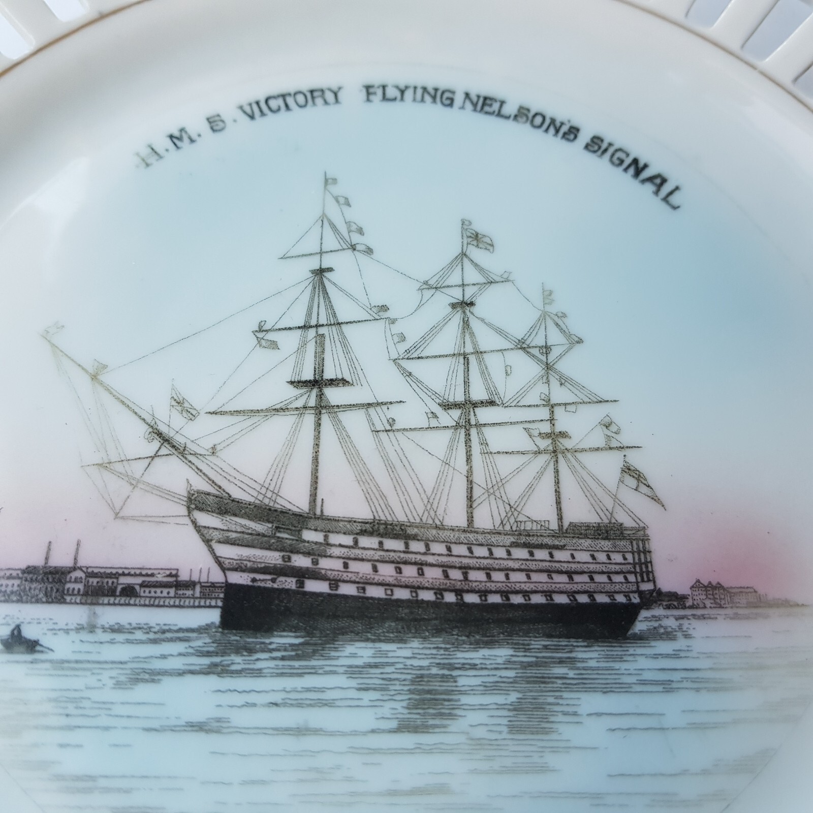 Victorian ceramic ribbon plate antique HMS Victory ship British Navy Nelson 21cm