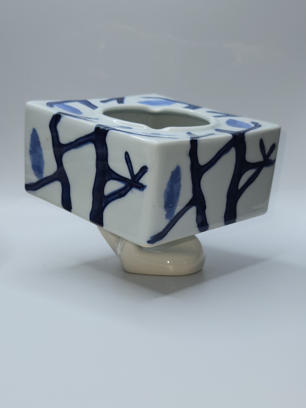 Vintage Abstract Blue on White Floral Frog Center Square Vase • 4″ • Signed