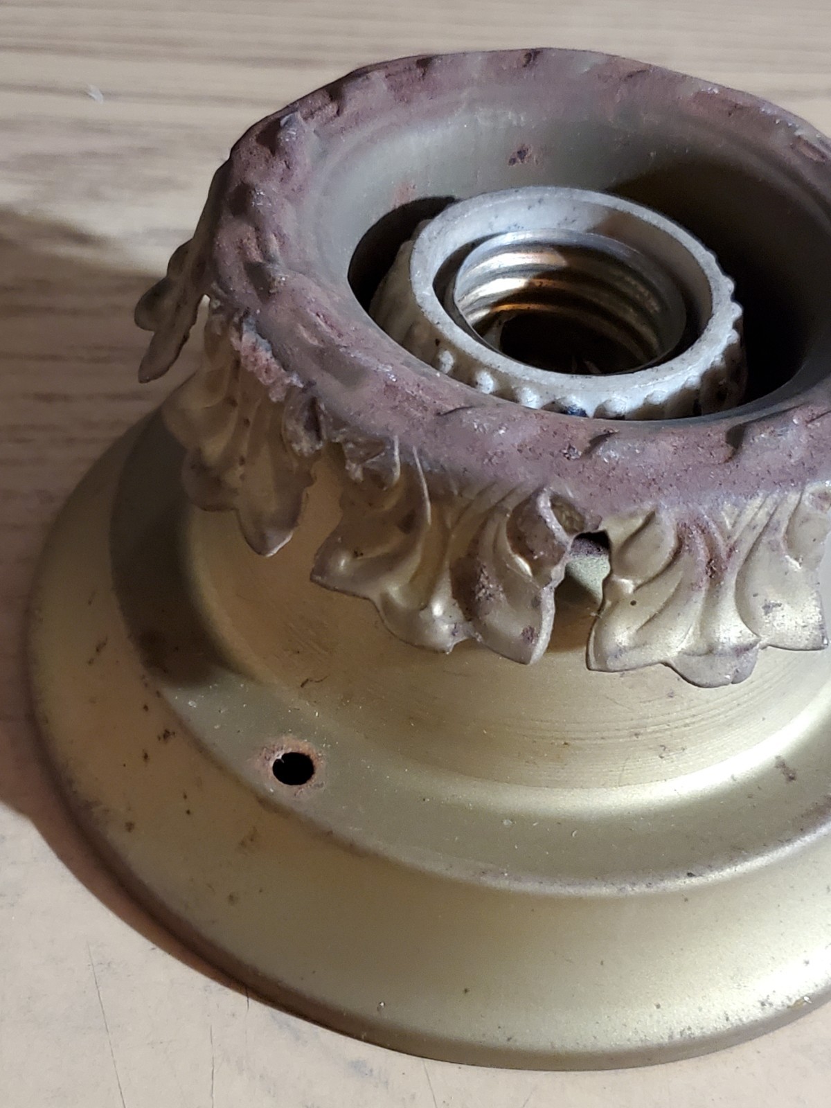 Rare Antique Vintage Flush Mount Pressed Brass Ceiling Single Light Flame Collar
