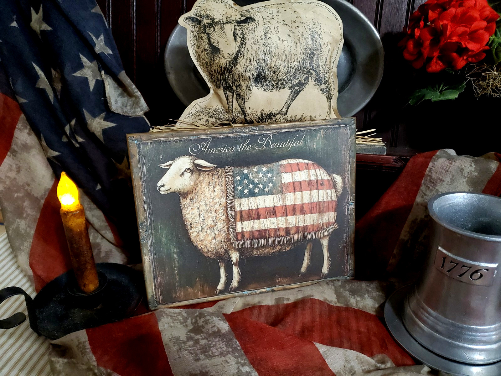 VINTAGE PRIMITIVE COLONIAL STYLE PATRIOTIC AMERICA FLAG WOOL SHEEP WEAVER SIGN