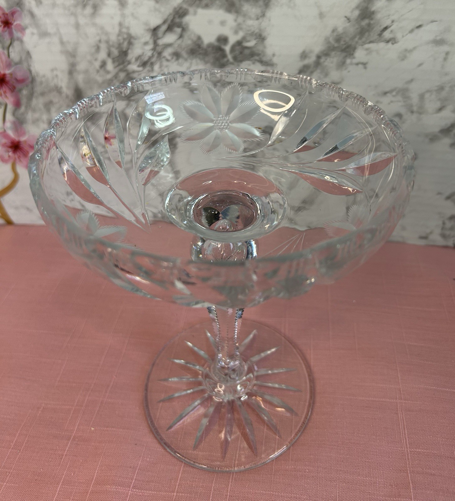 6.75”x 6” Antique ABP American Brilliant Cut Crystal Round Floral Etched Compote