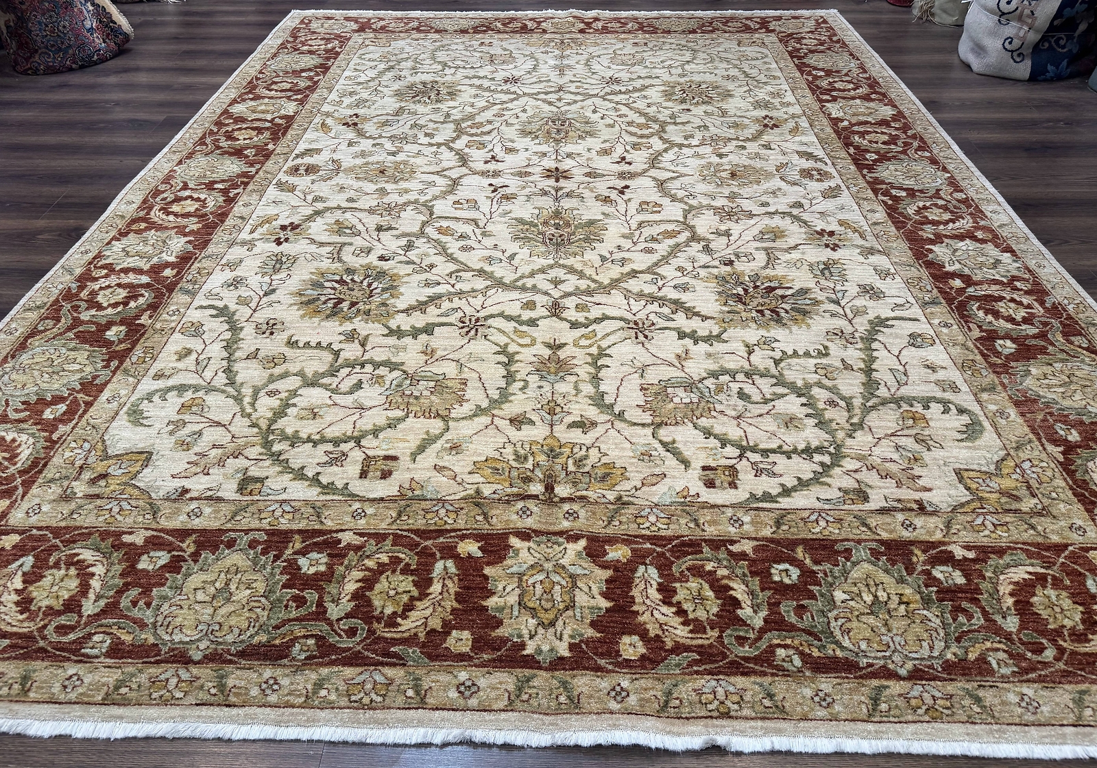 Pakistani Rug 9×12 Floral Allover Peshawar Chobi Beige Rust Red Traditional