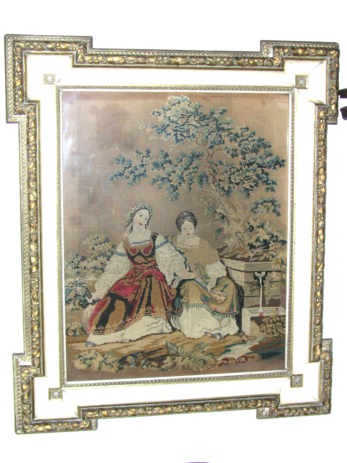 Antique Italian Frame 19th Century Gilded Enameled Wood w/ Needlepoint Tapestry