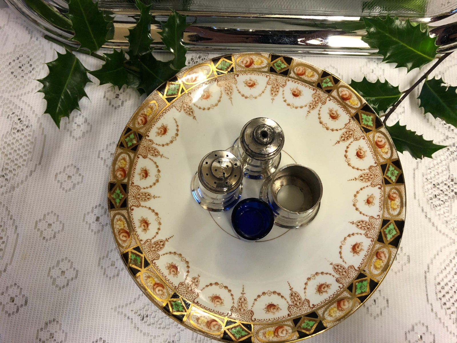 Antique Royal Albert Crown China Lovain Plate & Walker Hall Silver Plate Cruet