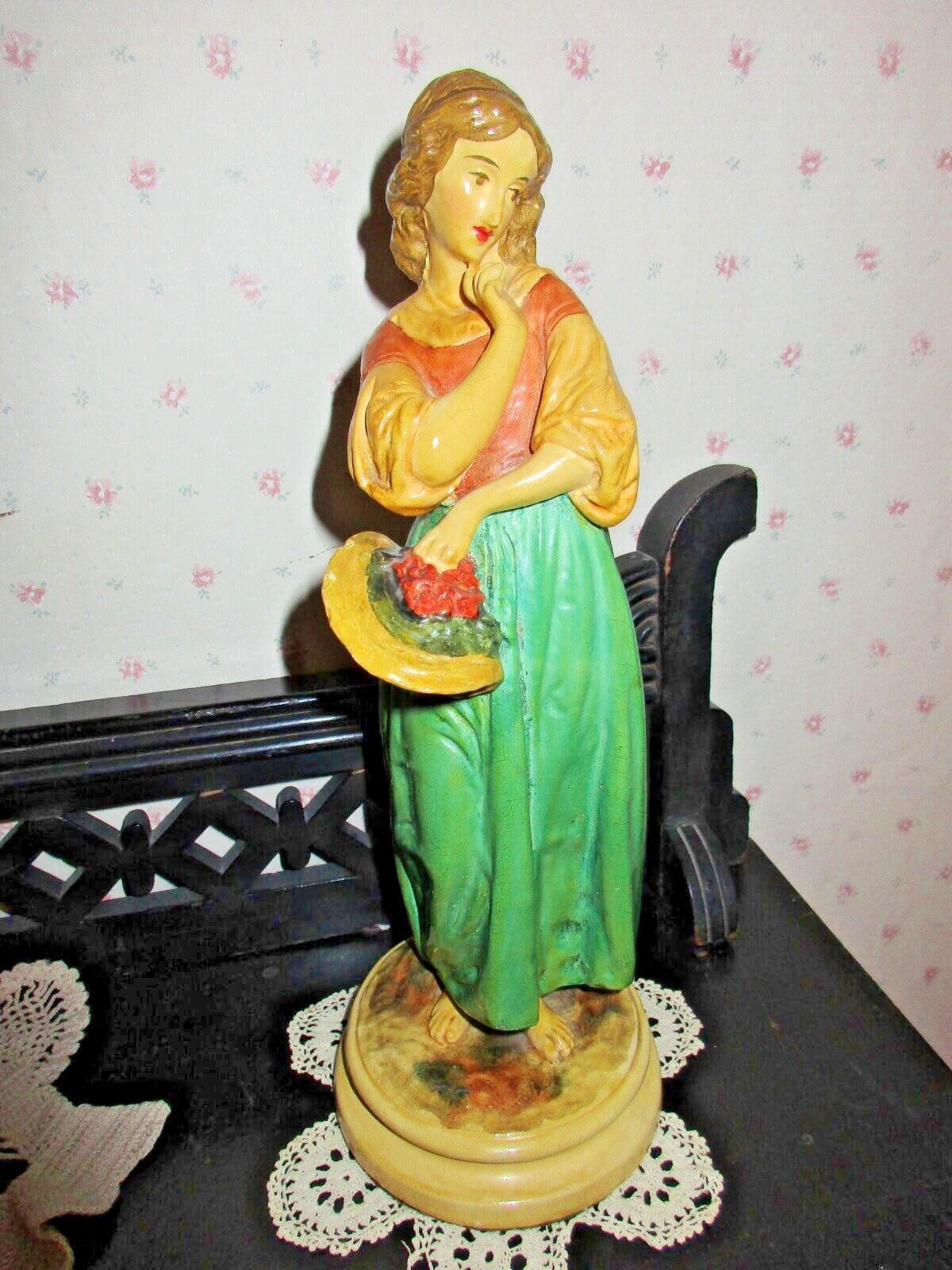 PAIR Hand Painted Borhgese Chalk Ware Figures Boy gives Nest to Girl 10″ tall