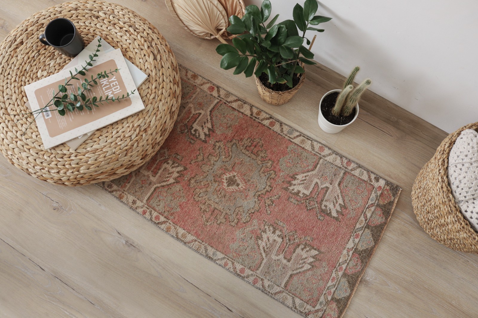 2×3 ft Vintage Oushak Rug, Wool Anatolian Mat, Natural Rug,Handmade Rug,Red