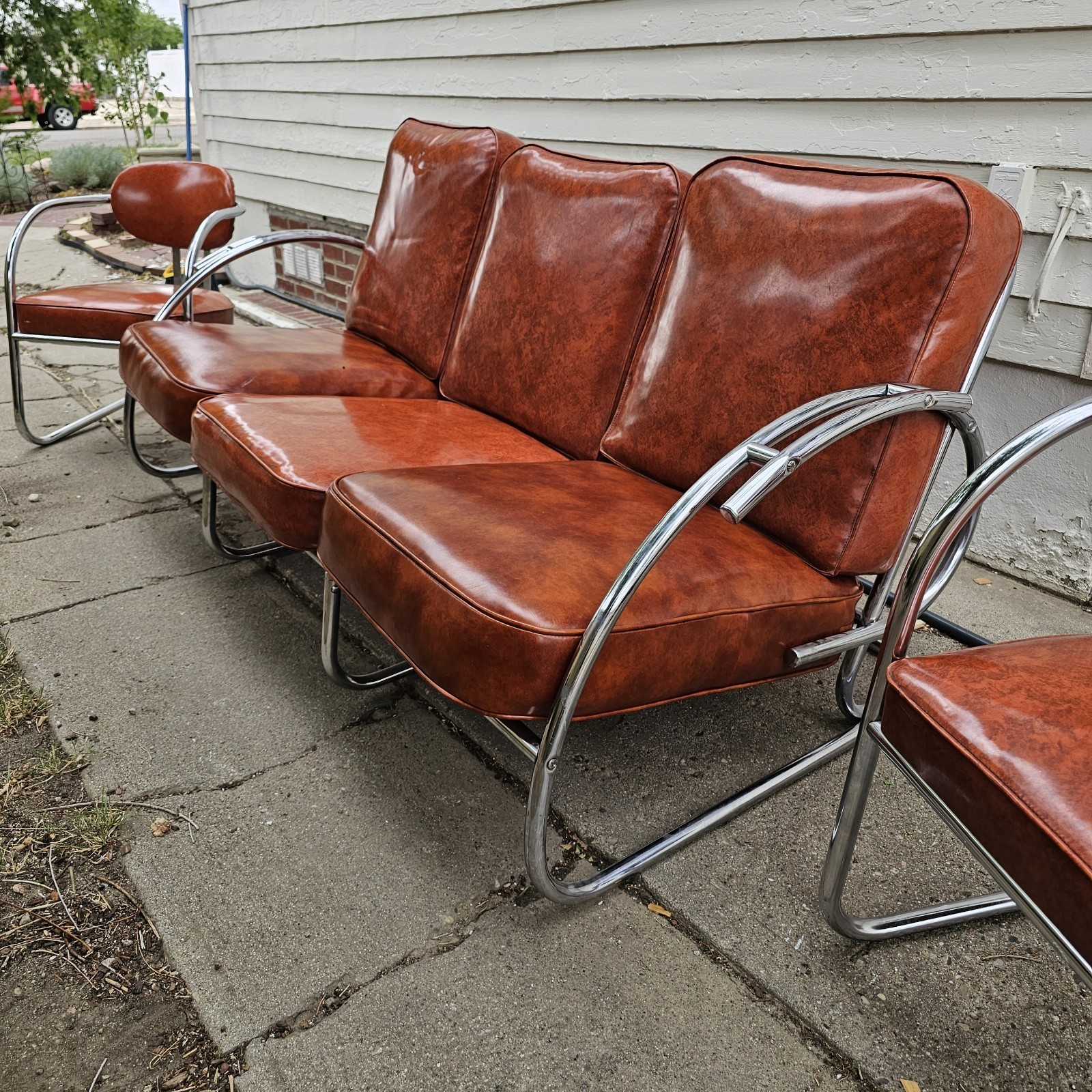 Vintage Vinyl Sofa and Chair Set Chromcraft Atomic MCM Streamline