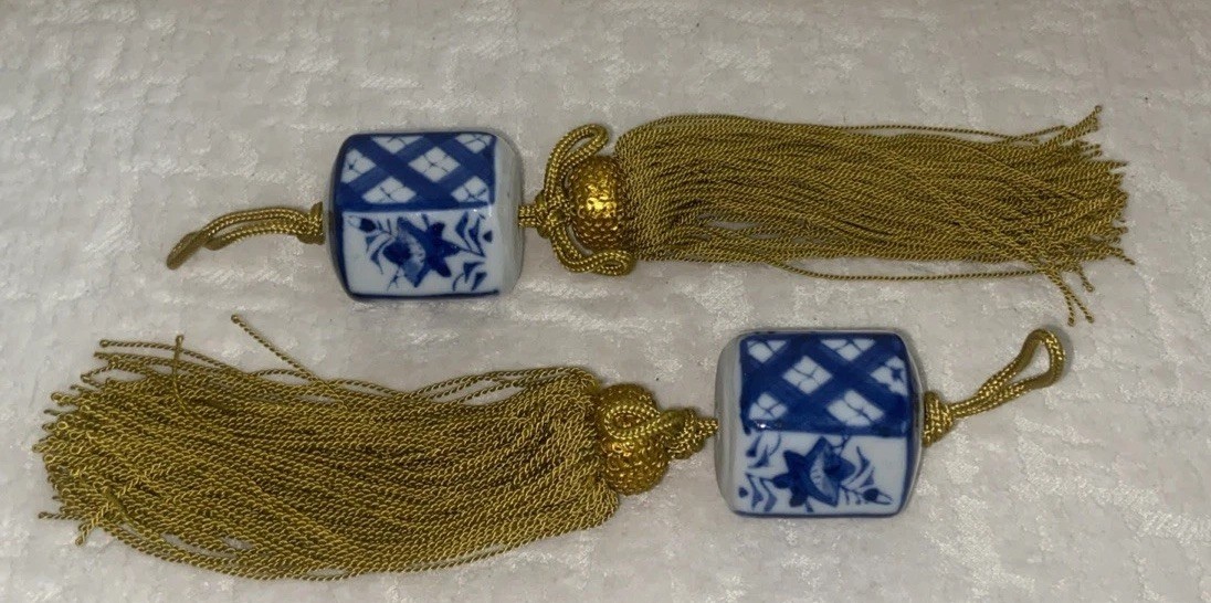 Antique Japanese Hanging Scroll Kutani-Yaki Scroll Weight Set