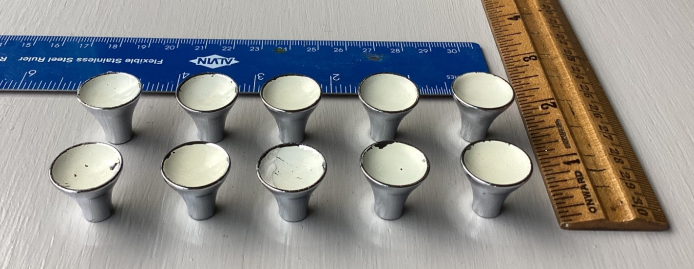Vtg MCM White Enamel & Chrome Tapered Drawer Knobs 1950’s / LOT of 10
