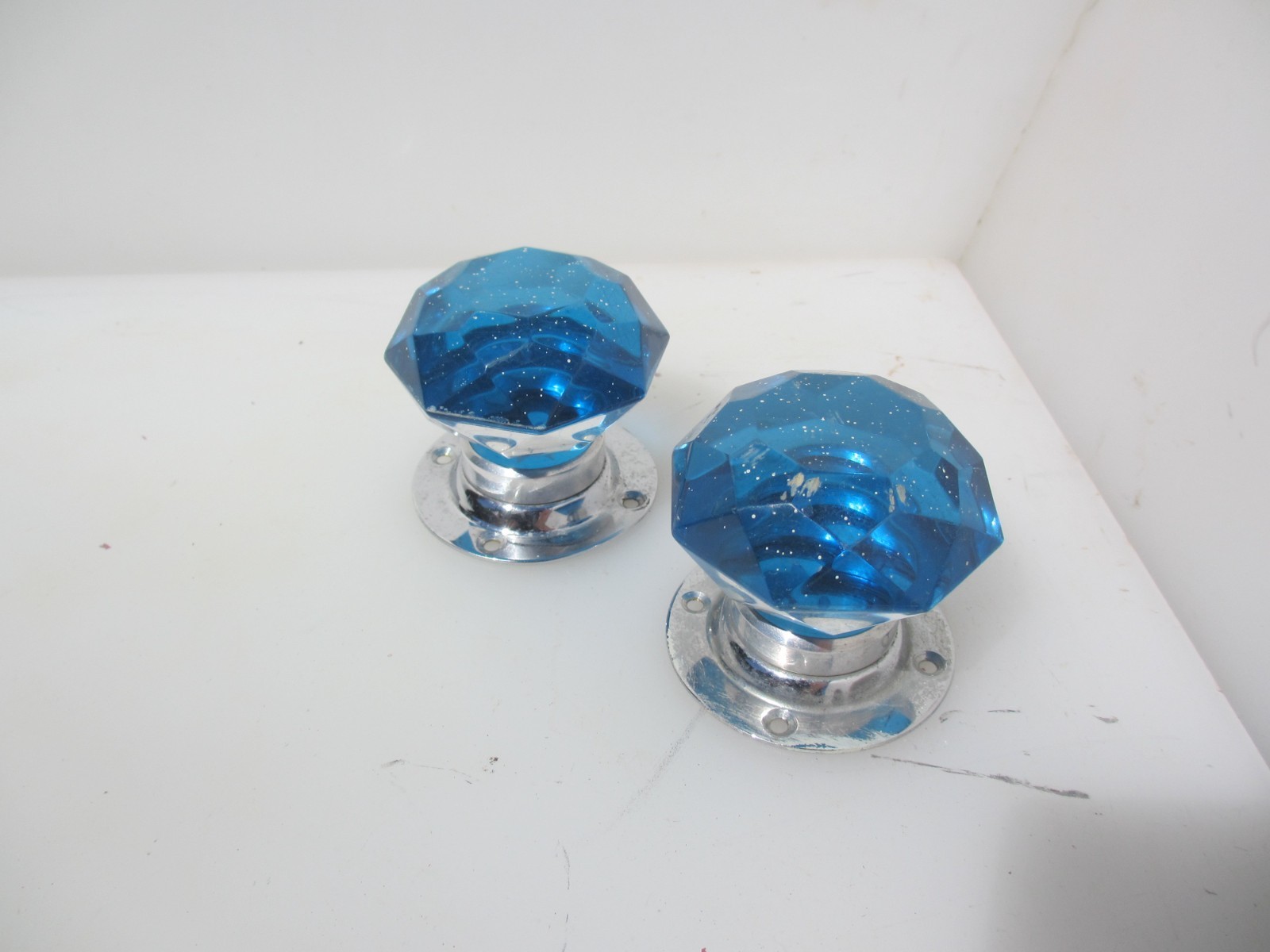 Vintage Door Knobs Handles Cut Glass Crystal Chromed Plates Old Antique Blue