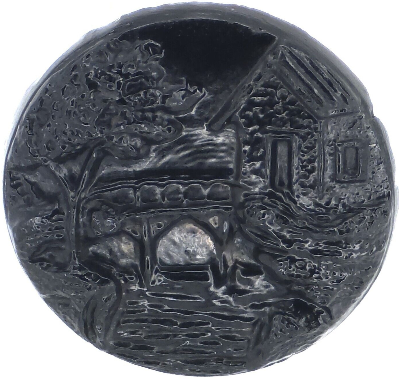 C1860 Antique Victorian Black Glass Stone Cabin Bridge Button Picture 0.75″