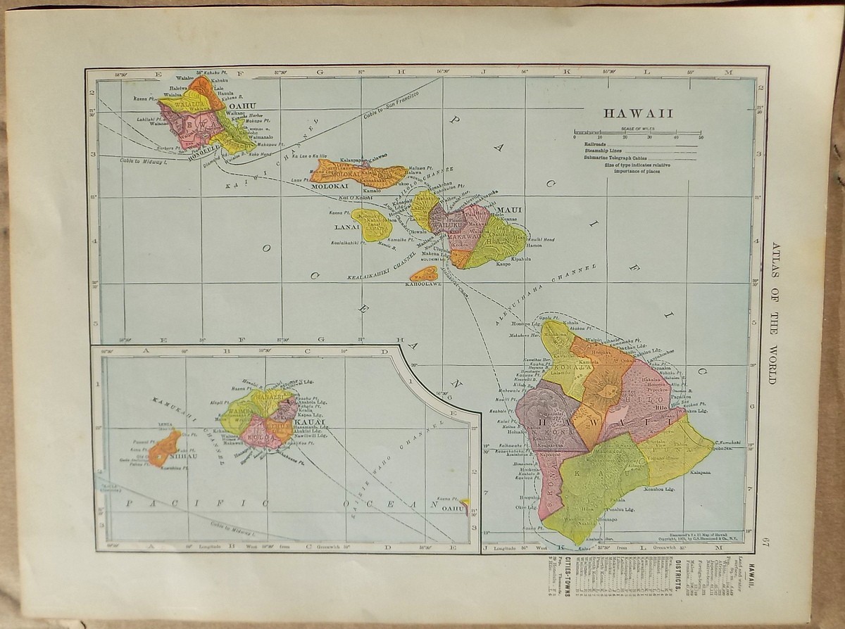 Hawaii 1905 Map / West Indies (Cuba, Jamaica, Porto Rico); antique Atlas page