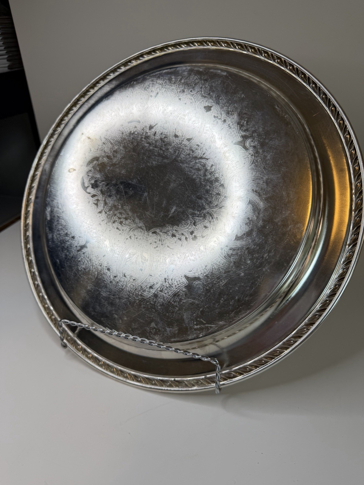 Vintage Silver Plate Serving Tray Round Rope Edge Etched Floral Platter 12.8”