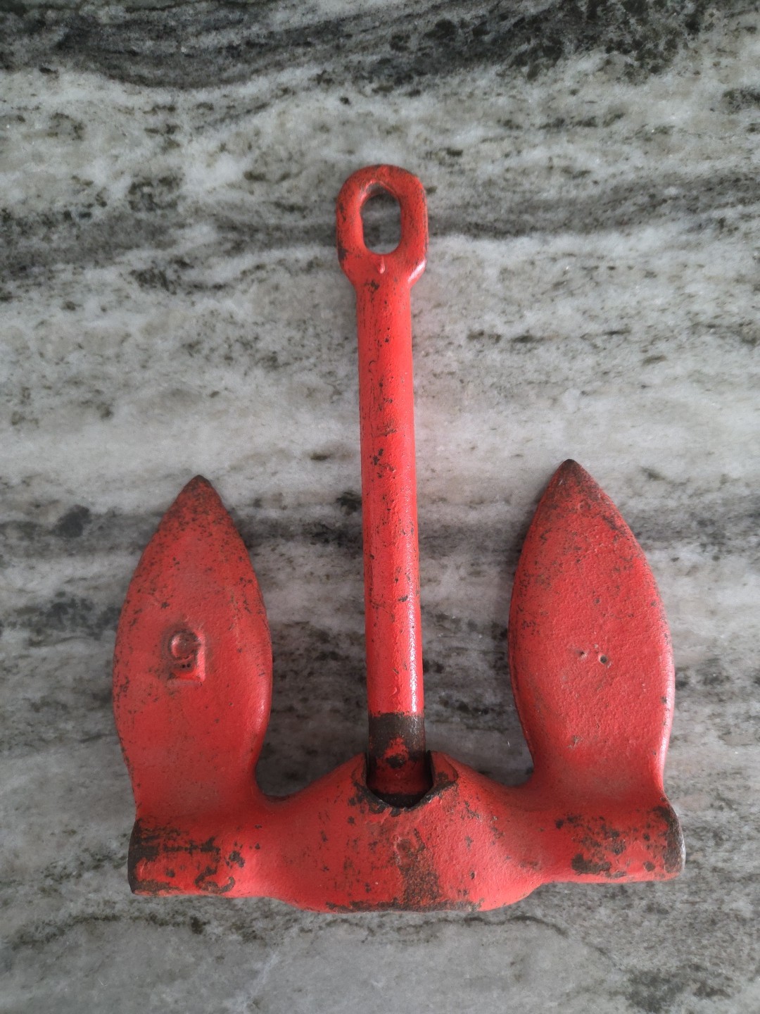 Vintage Heavy Solid Cast Metal 5 lb Boat Anchor Red Orange Paint Patina