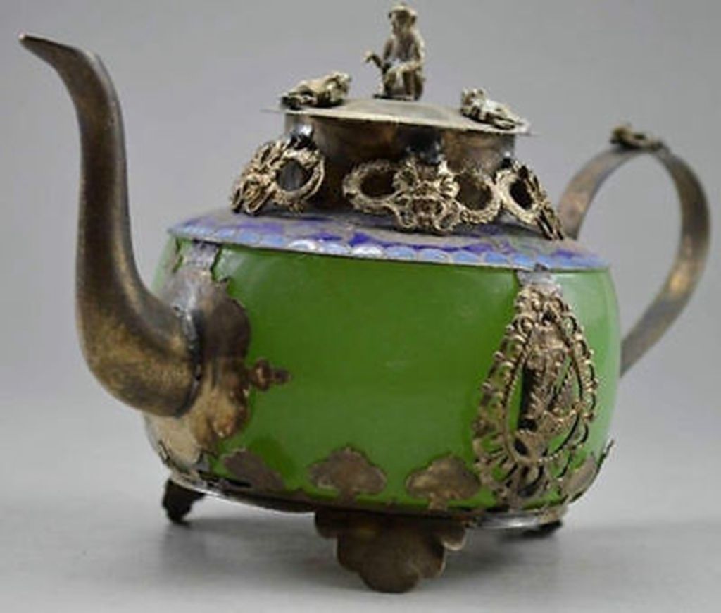 Old Silver Dragon Tea Pot Monkey Collectible Decorated Handwork Jade
