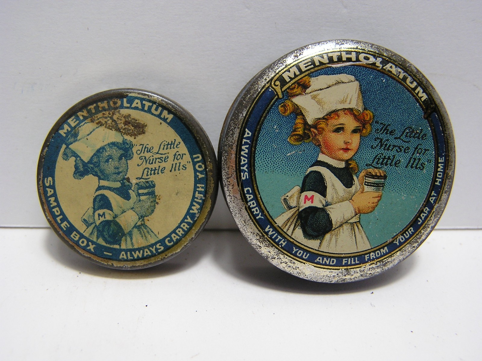 Antique Mentholatum Quake Medicine Tins Little Nurse for Little Ills Wichita KS