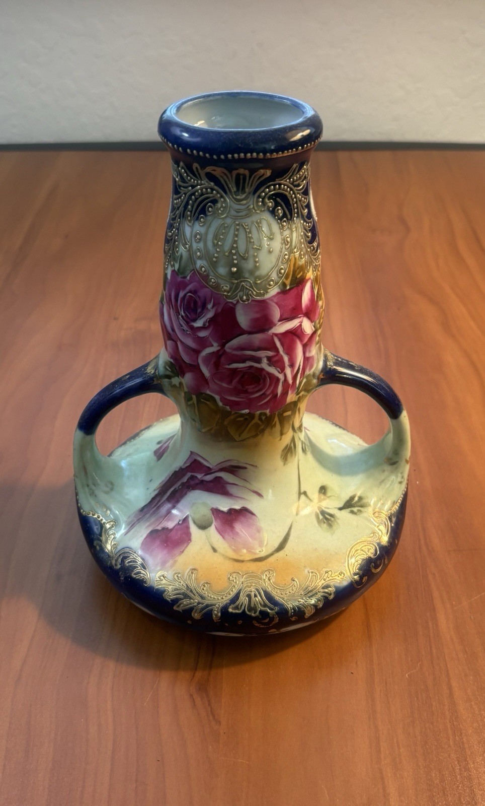 Antique Nippon Hand Painted Roses Porcelain 9.5” Vase Double Handle Gold Moriage