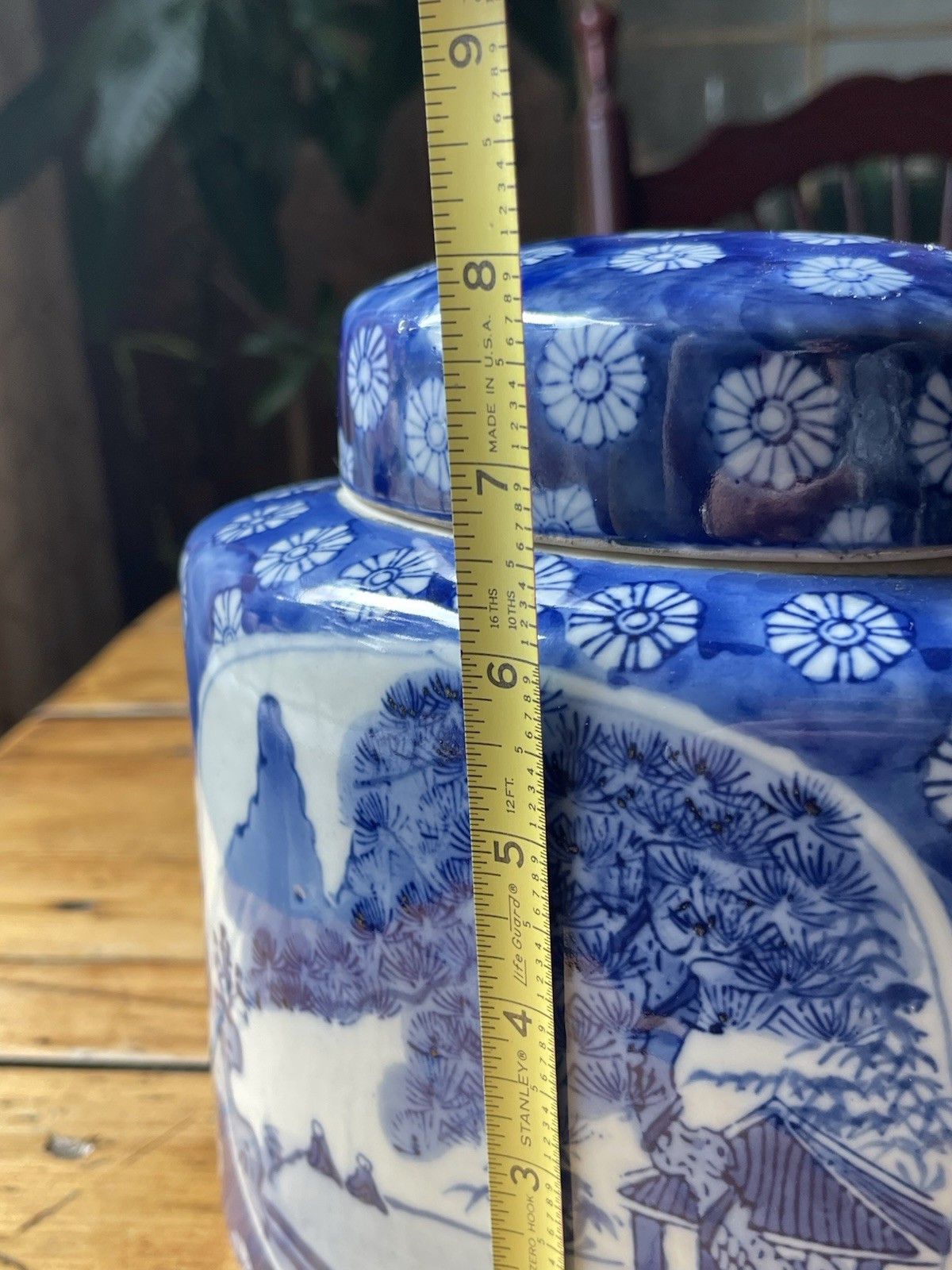 VintageChinese Tea Caddy Pagota Plum Flower Blue and White Figural and Landscape