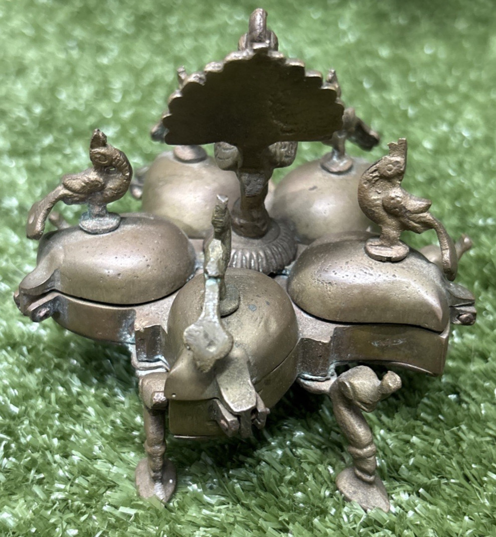 Vintage Indian Brass Spice Dish Covered Box Peacock Decoration