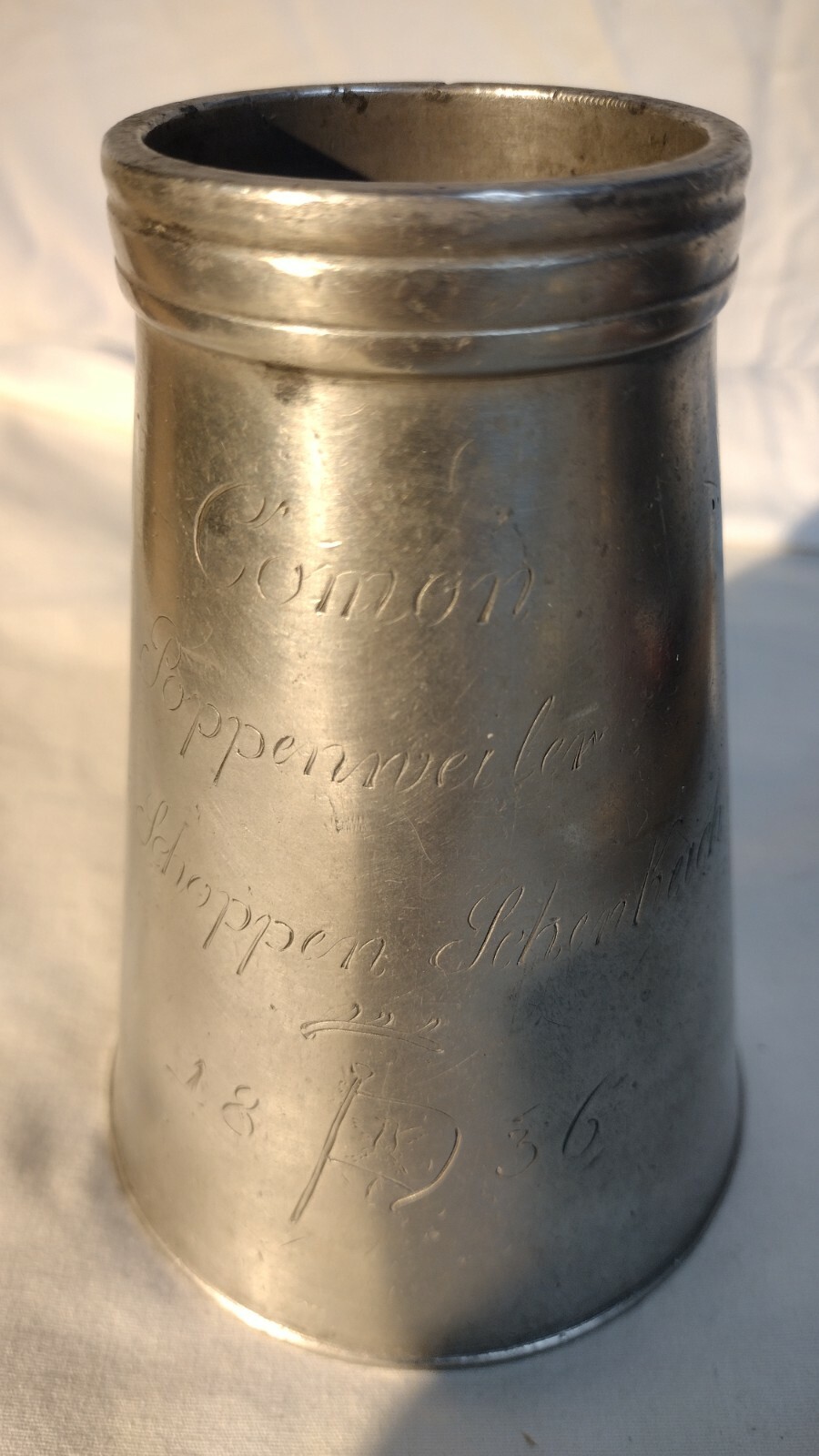 186 yr. old German Pewter Wine measuring cup, engraved 1836. 1 lb.,2.5oz. 5″