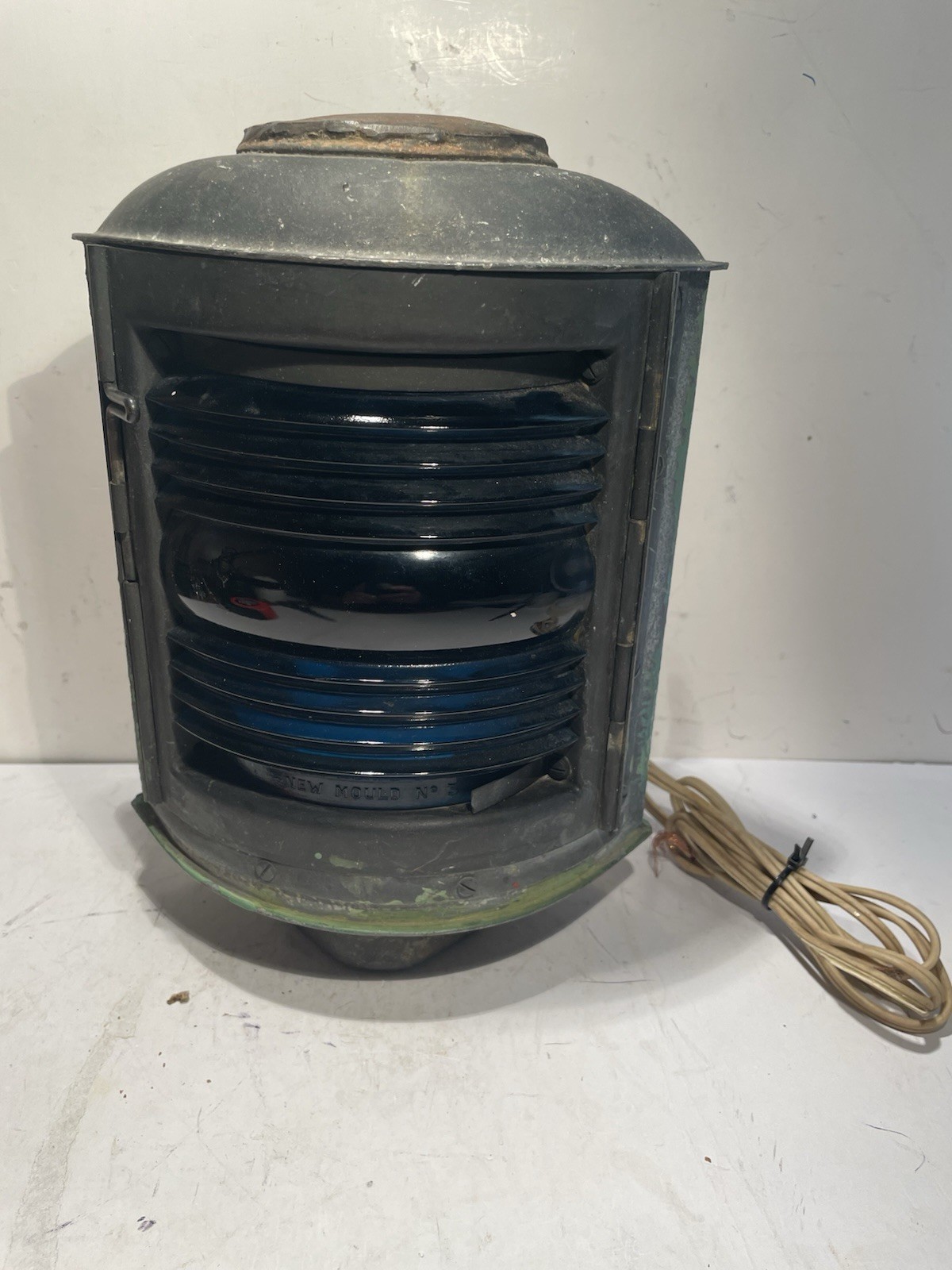 Antique Perko Marine Light Blue Lens Starboard Side 1900-1920s Has Patina 10” H