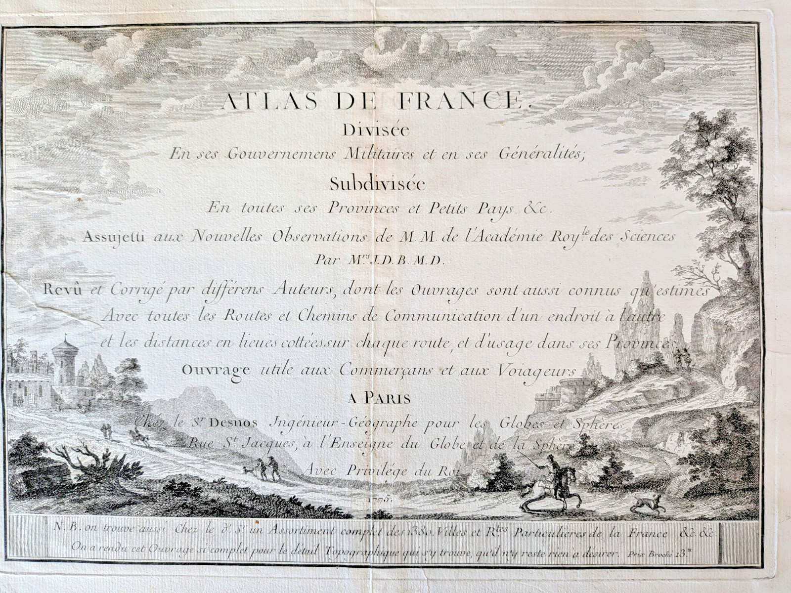 1775 Desnos Atlas de France Antique Engraved Title Page Paris Original