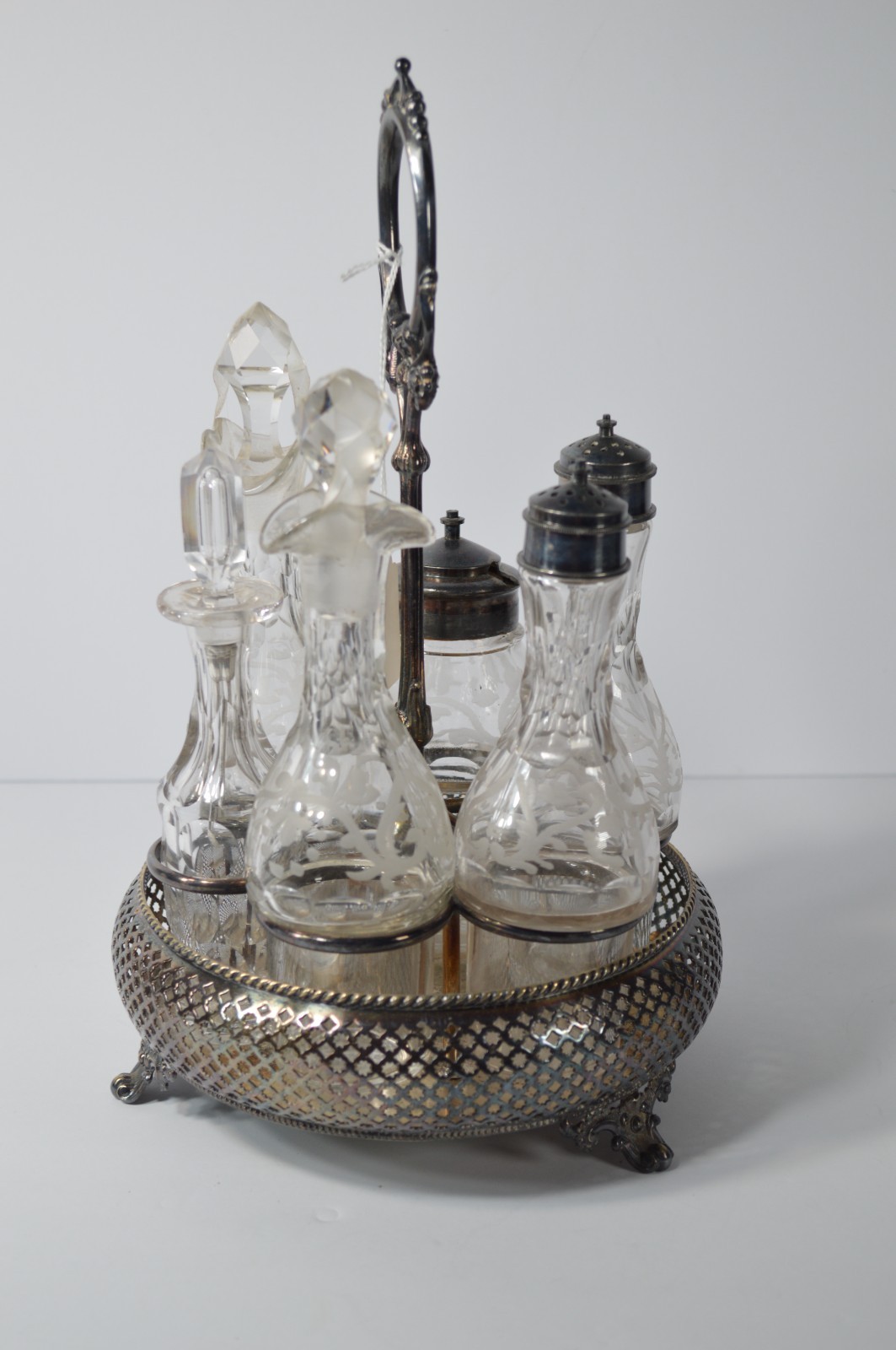 Antique Silverplate Cruet Castor Set 6 Pc Etched Glass Bottles & Spoon Complete