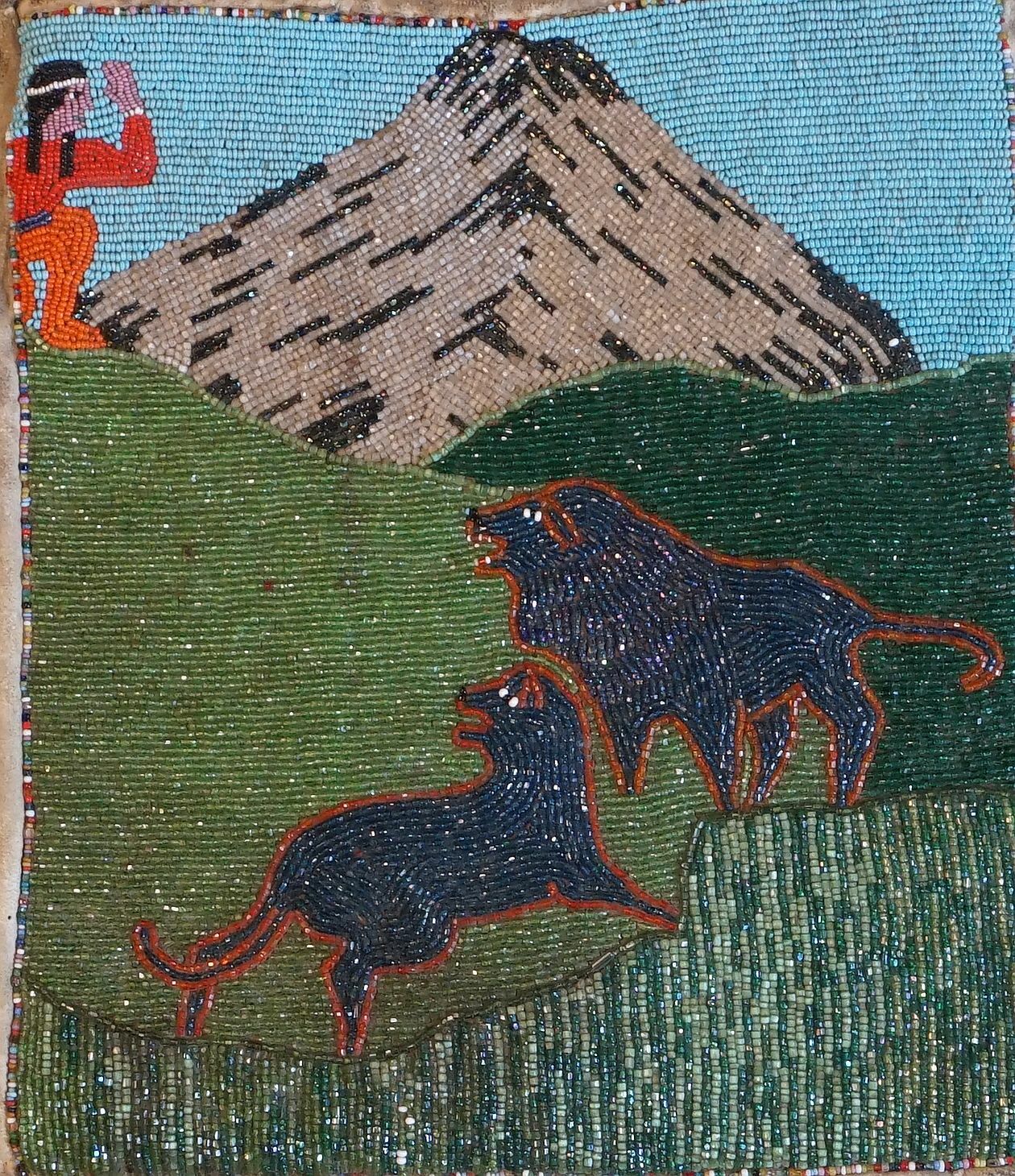 Beautiful 1930’s Native American Yakama Walla Walla Beaded Bag Hunter & Wolves