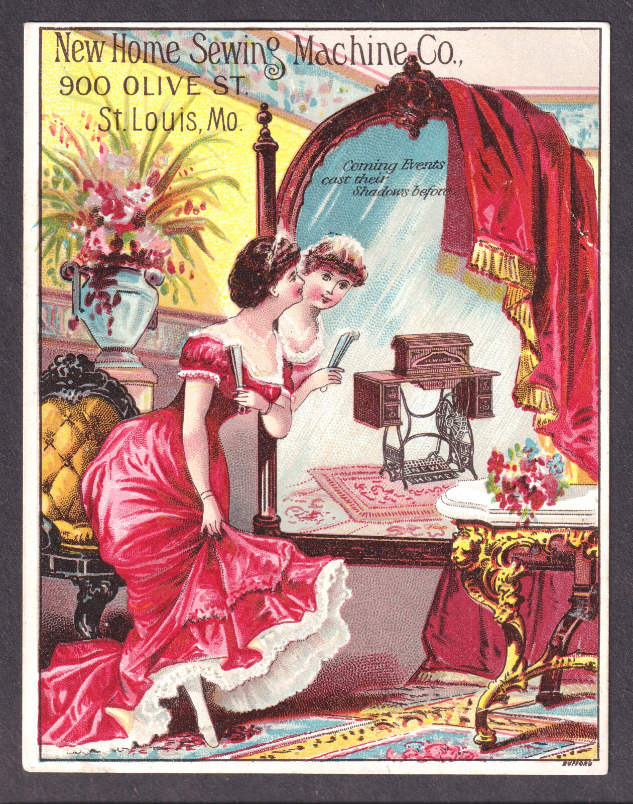 Victorian Antique New Home Sewing Machine Mirror Fan Lady Advertising Trade Card
