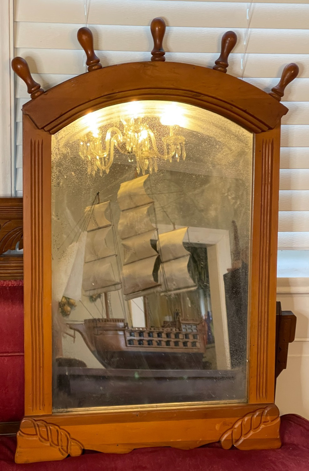 Vintage Mid-Century Colonial Revival Wooden Nautical Ships Wheel Wall Mirror