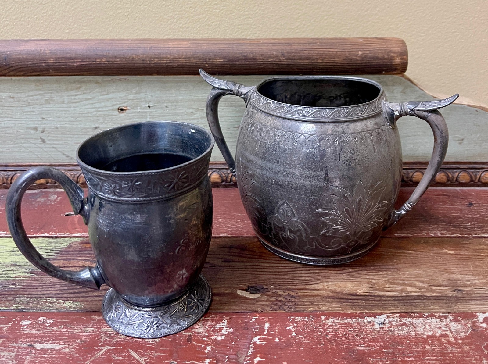 Antique Meriden Quadruple Silver Plate 2pc Lot Victorian Mug Double Handled Bowl