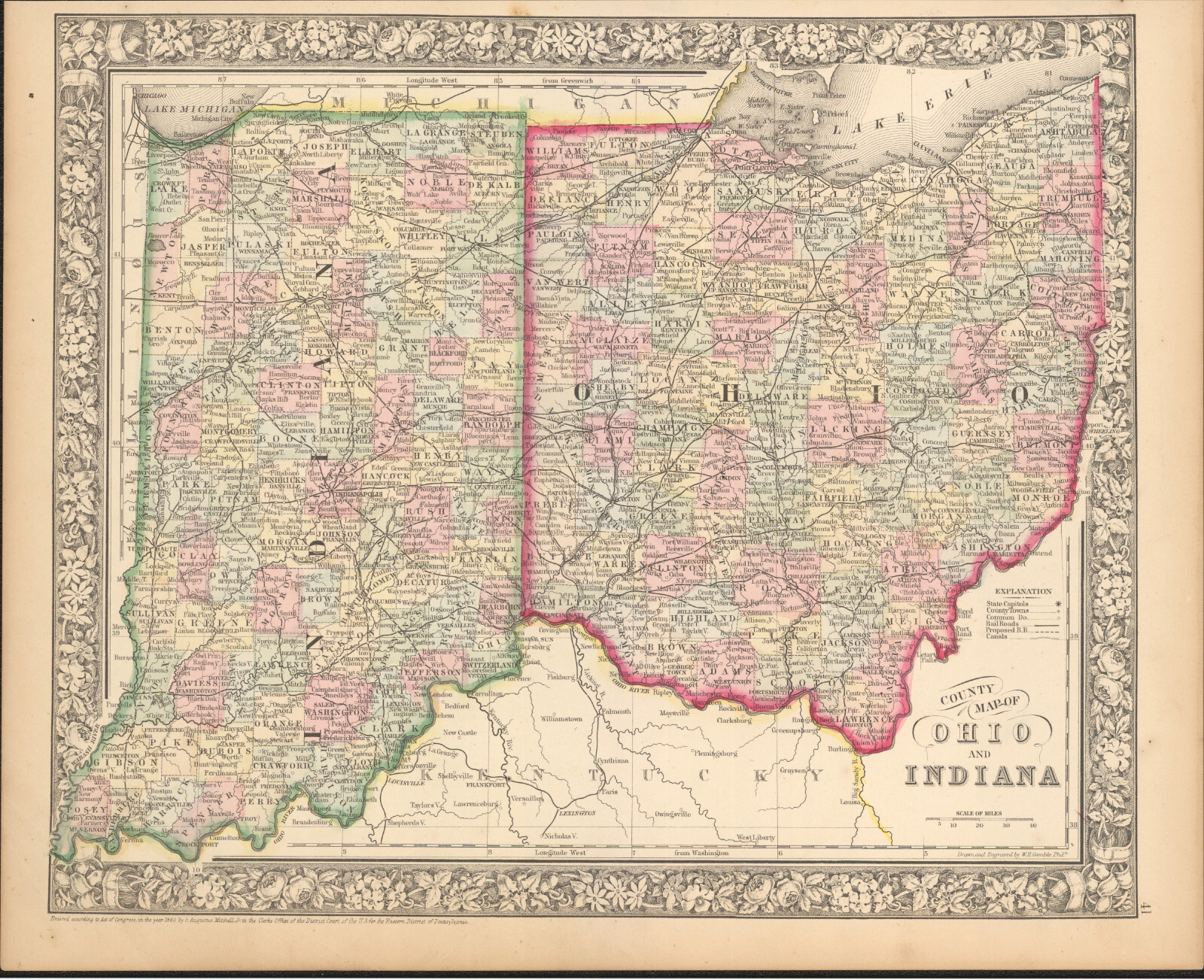1866 Ohio & Indiana – Mitchell antique map ~15.25″ x 12.2″ – nice original color