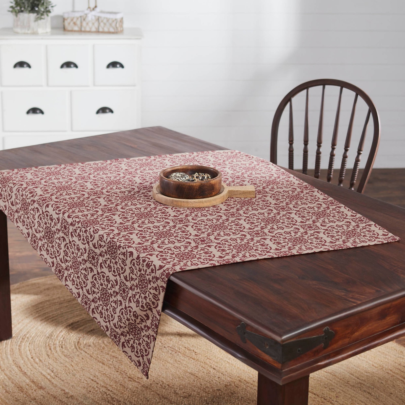 Burgundy/Tan Jacquard Table Topper 42″, New Country, Colonial, Rustic Home Decor