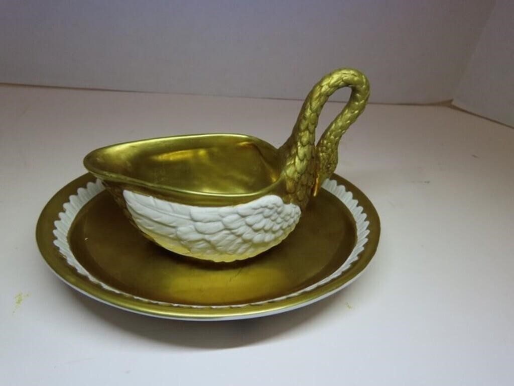 Antique Dresden Carl Thieme Porcelain Swan Cup, 3.5″ T, 4.5″ L and saucer, 6″ L