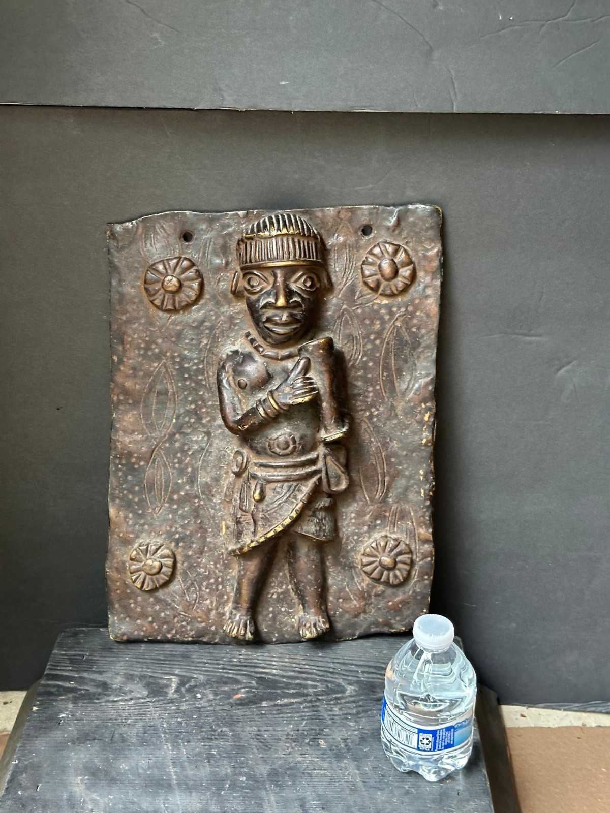 Vintage 14″ Benin Bronze Plaque | Royal Court Figure | Nigerian African Wall Art
