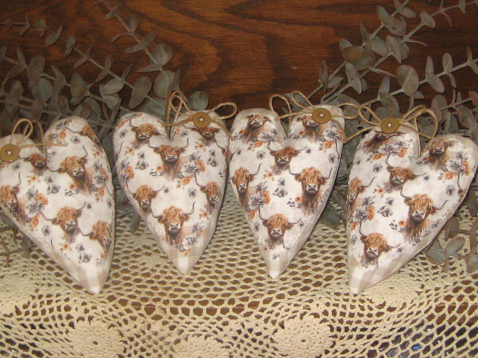 Rustic Farmhouse 4 Highland Cow Fabric Hearts Bowl Fillers Wreath Accents