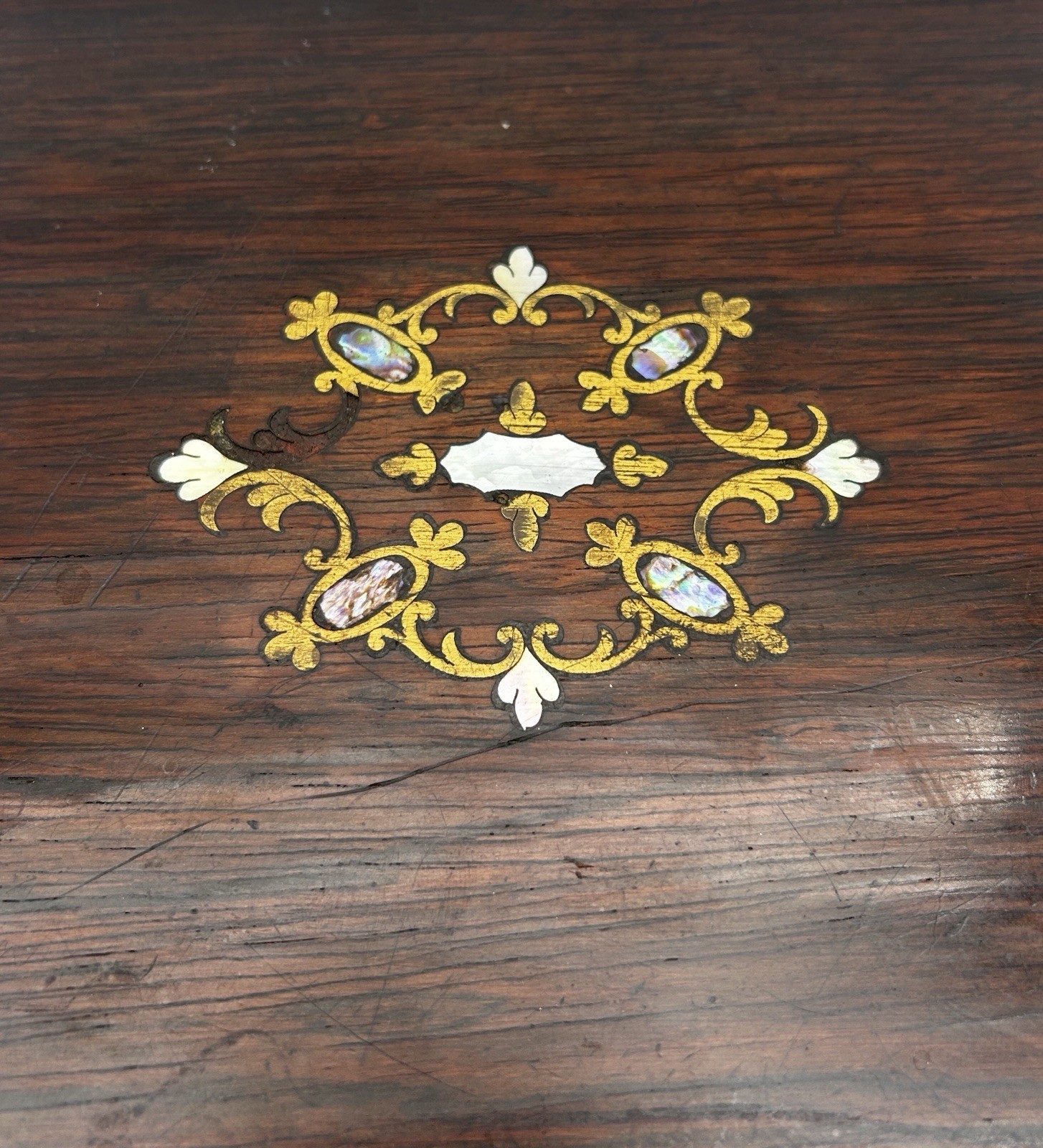 Antique Rosewood Inlaid Mother of Pearl Sewing Box Jewelry Trinket Chest
