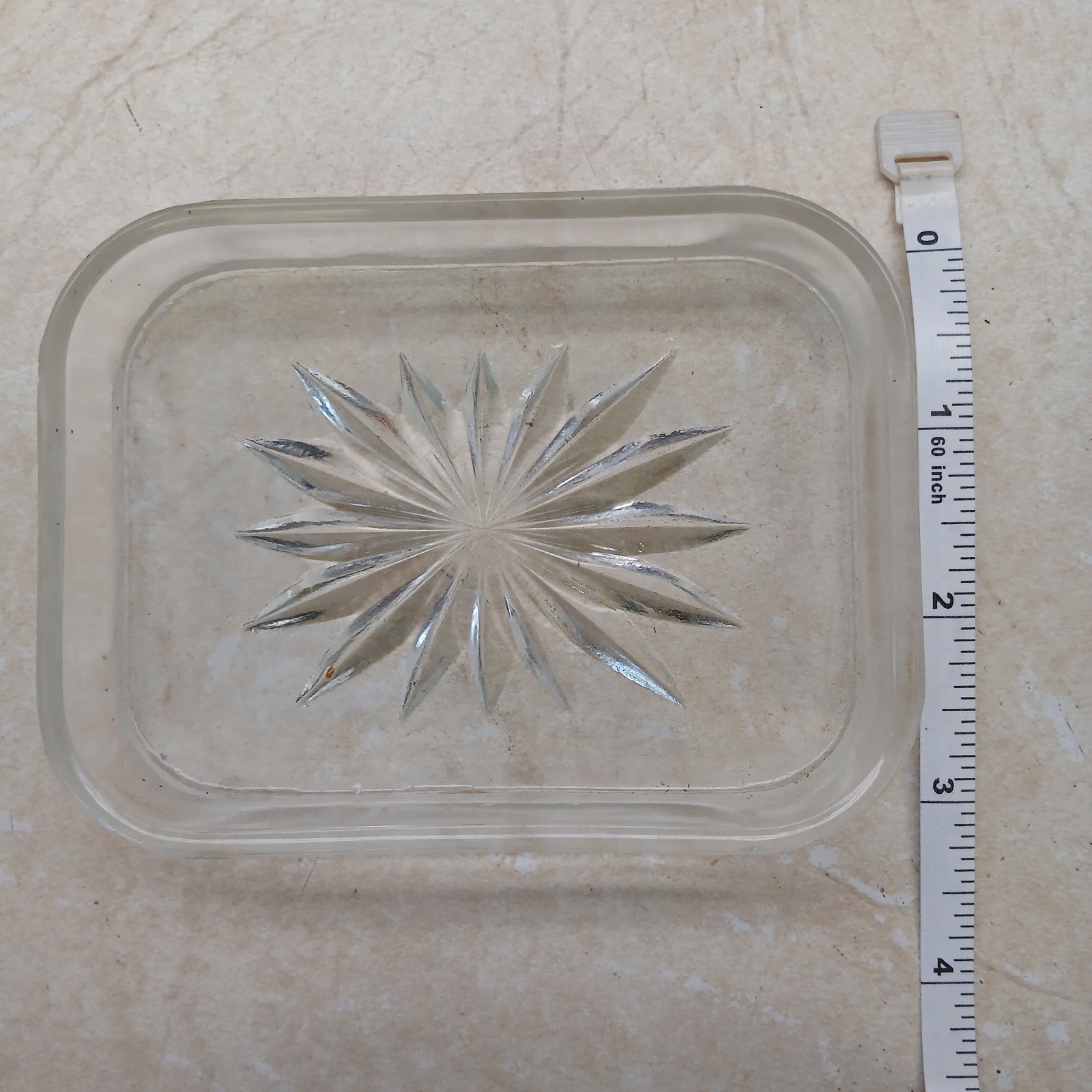STARBURST PATTERN PRESSED GLASS SOAP DISH WITH FROSTED BOTTOM