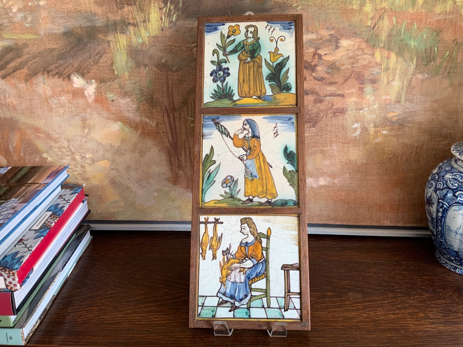 French Antique Hand Painted Faience Tiles Set/3 Framed Circa 1920