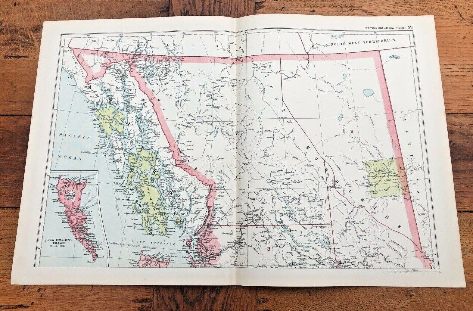 1900s double page map from g.w. bacon – british columbia north !