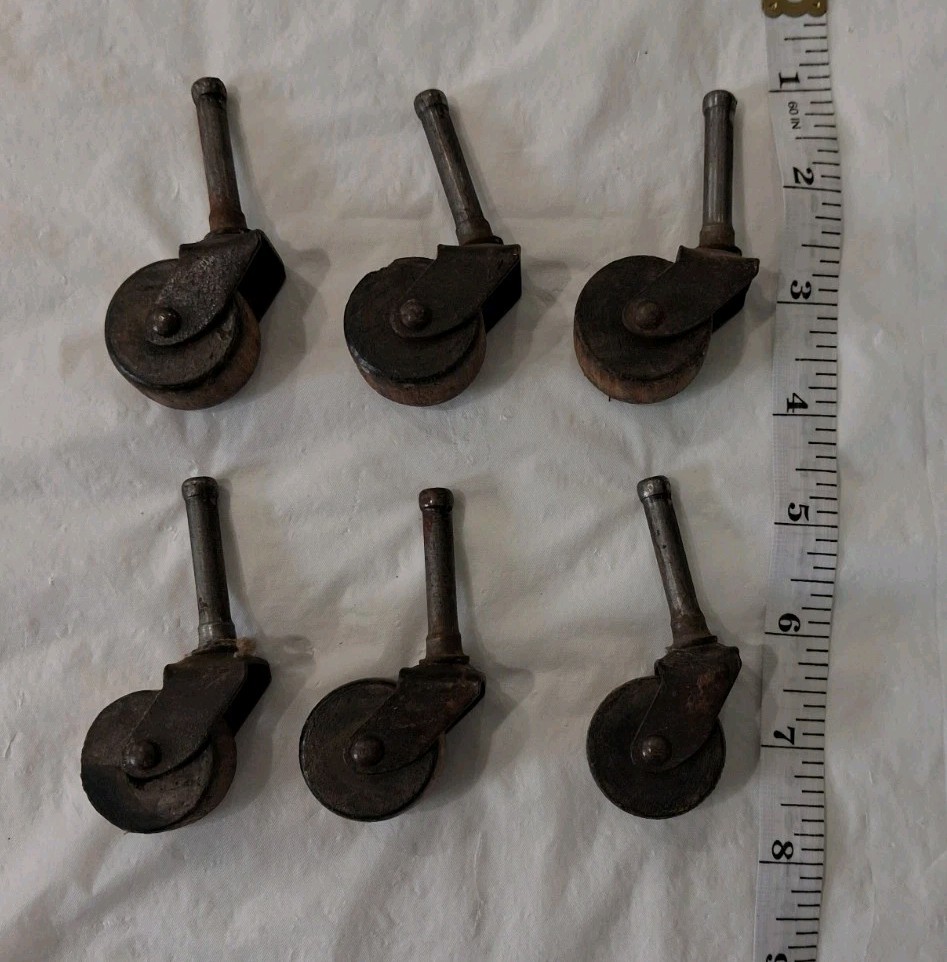 Lot of 6 Antique Vintage Hardware Furniture Swivel Stem Steel Wood Caster Wheels