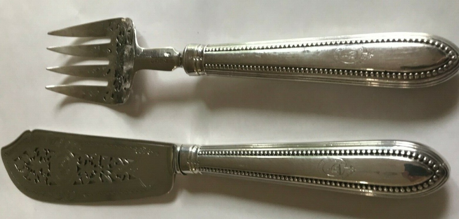 Antique England G. ADAMS Engraved Sterling Silver Fish Slice, Fork Serving Set