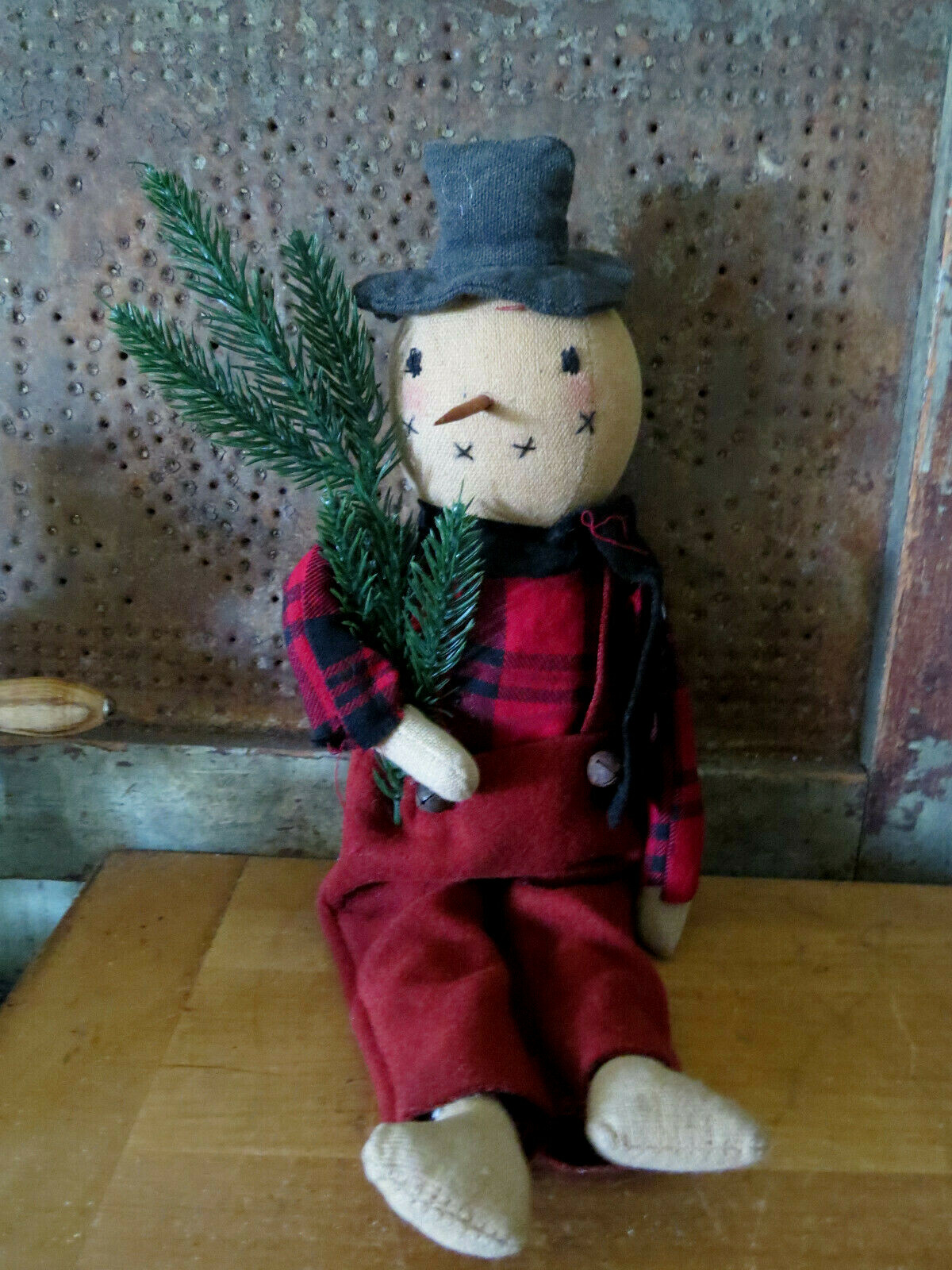 Grubby Primitive Rustic Christmas SNOWMAN w Red Black Flannel Overalls Doll